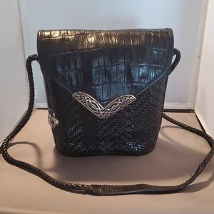 Vintage Brighton Black Leather Woven Crossbody Bag